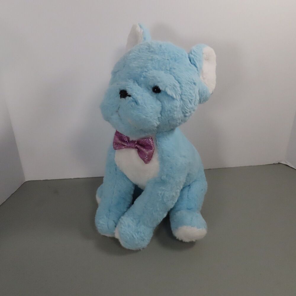 FAO Schwarz Blue Cat Plush Stuffed Animal Glitter Pink Bow Tie 10in